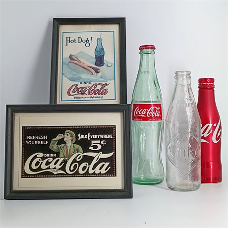 Coca-Cola Collectible Lot – Vintage-Style Framed Ads & Bottles (Set of 5)