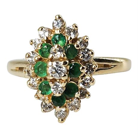 Vintage 14K Gold Diamond & Emerald Ring, Sz 3