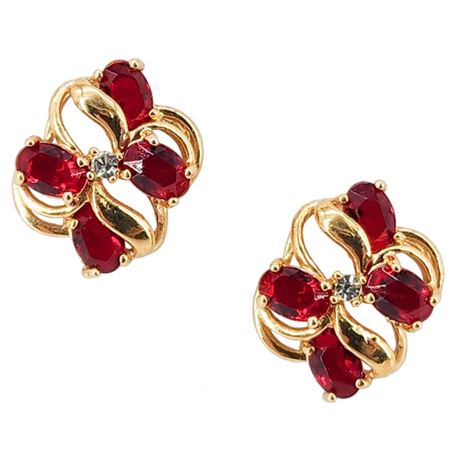 Vintage ROMAN Gold Tone Red Rhinestone Stud Earrings