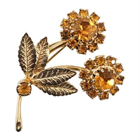Vintage Small Prong Set Yellow Rhinestone Flowers Brooch
