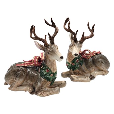 Fitz & Floyd "Holiday Leaves" Pair Figural Deer Candlesticks