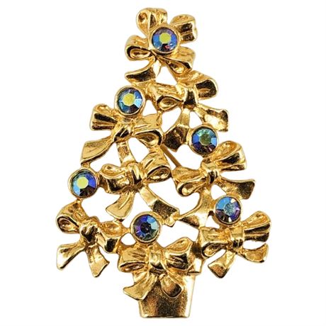 Signed Vintage AVON Aurora Borealis Rhinestone Bows Christmas Tree Brooch