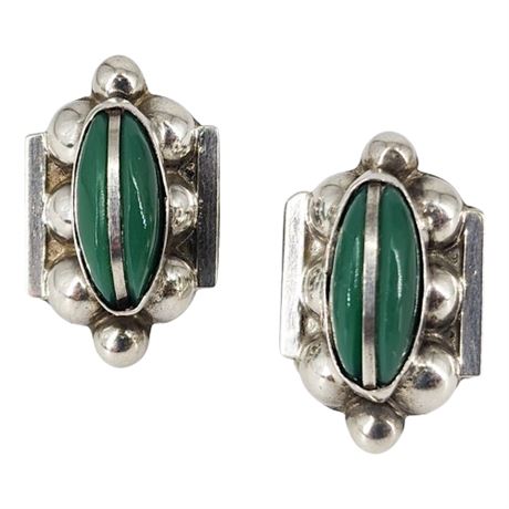 Vintage Mexico Silver Green Onyx Screwback Earrings