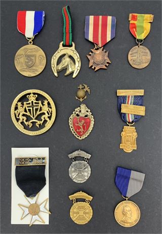 12 pc Vintage Presentation Award Medallions & Brooch Lot