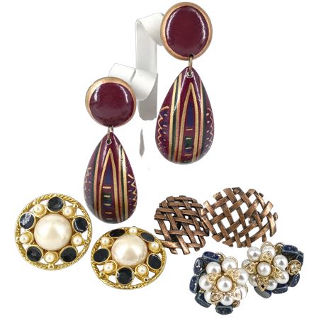 Vintage Clip-On Earrings – Statement Dangle, Faux Pearl, Woven Copper & Beaded