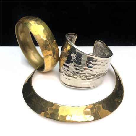 Vintage Hammered Mixed Metal Collar Necklace, Bangle & Cuff Bracelets