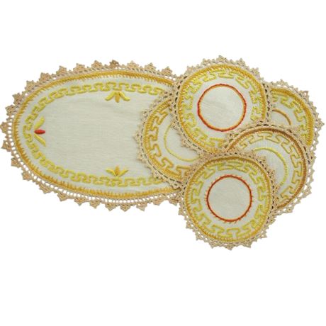 Vintage Hand Embroidered Greek Key Pattern Placemat & Coaster Set