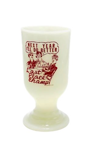 Vtg White Milk Glass Last Place Champ Bowling Mug by Mafco