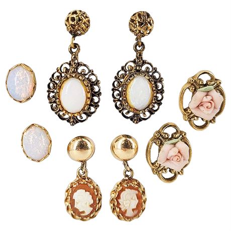 Four Pairs Vintage Pierced Earrings, incl. Genuine Opals & Shell Cameos