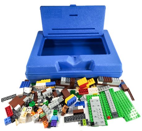 Box of Lego--mostly Minecraft Legos