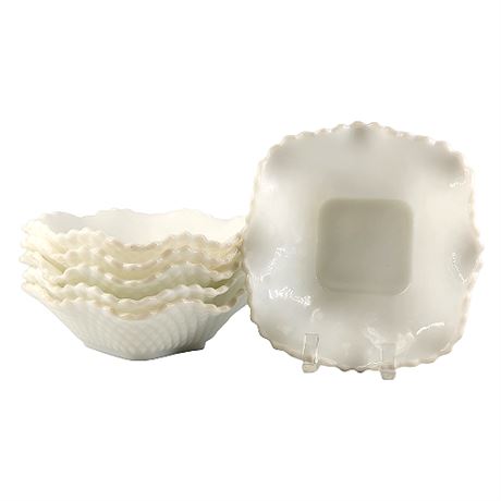 Hazel Atlas 'Diamond Quilt Milk Glass' Ruffled Square Bowls