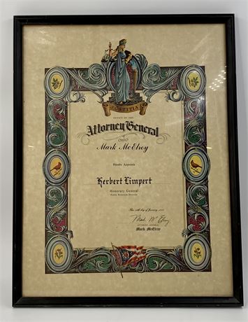 Large 25” x 19” Mid Century 1959 Attorney General Framed Certificate
