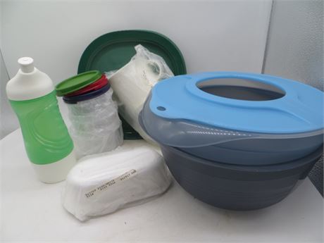 NEW VINTAGE TUPPERWARE SNACK TRIO, CREAM & SUGAR, BUTTER, SPORTS BOTTLE &