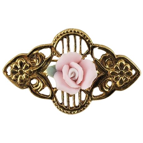 Vintage Gold Tone Openwork & Porcelain Rose Brooch