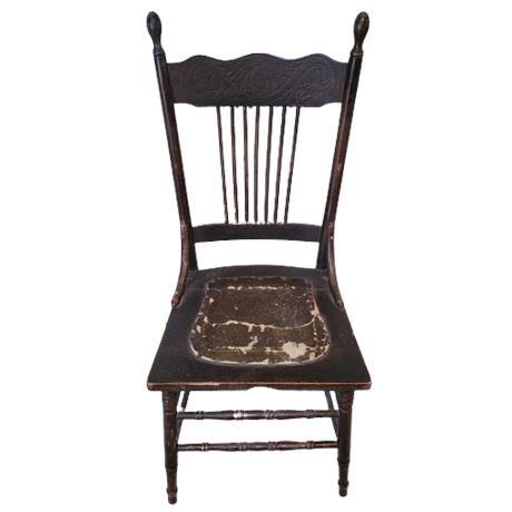 Antique Carved Farmhouse Wood Spindle Back Chair w/ Leather Seat
