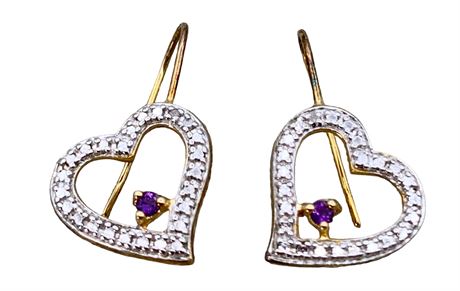 Sterling & Amethyst Dainty Openwork Heart Pierced Earrings