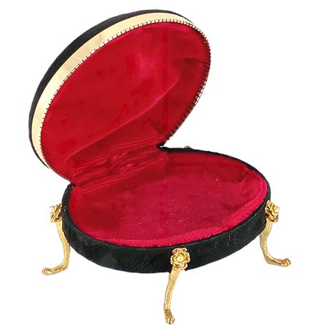 Vintage Oval Jewelry / Ring Box — Black Velvet with Red Velvet Interior