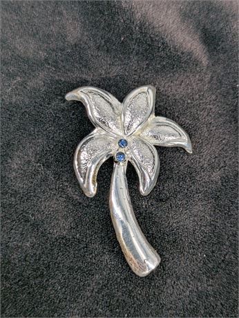 Silver tone Blue Rhinestone Palm Tree Brooch Pin