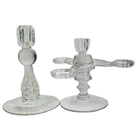 US Glass and Cambridge Glass Candlestick Holders, Set of 3