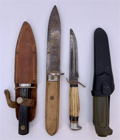 4 Vintage Hunting Knives :Moraknil, Dexter, Horn Handled