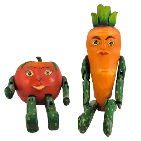 Folk Art Wooden Shelf Sitter Poseable Anthropomorphic Vegetable Pair