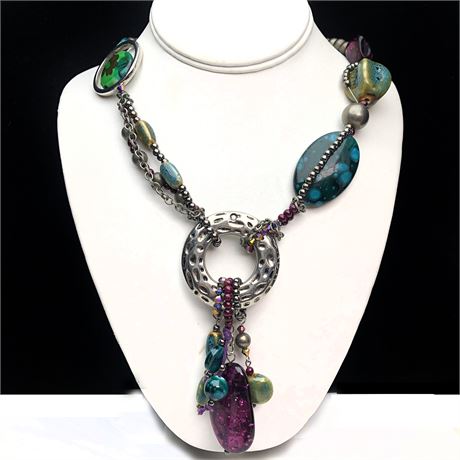 Chunky Purple & Teal Beaded Statement Necklace