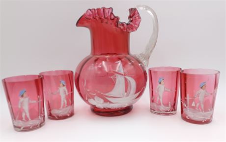 Antique Mary Gregory cranberry lemonade and for tumblers