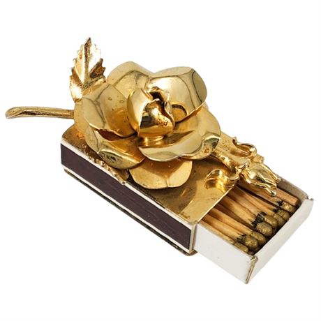 Vintage 3-D Gold Tone Rose Match Box Holder