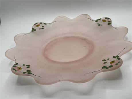Hand-painted pink depression, satin finish ruffled edge dish