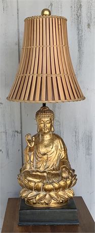 Working Seated Buddha Table Lamp with Wood Slat Shade