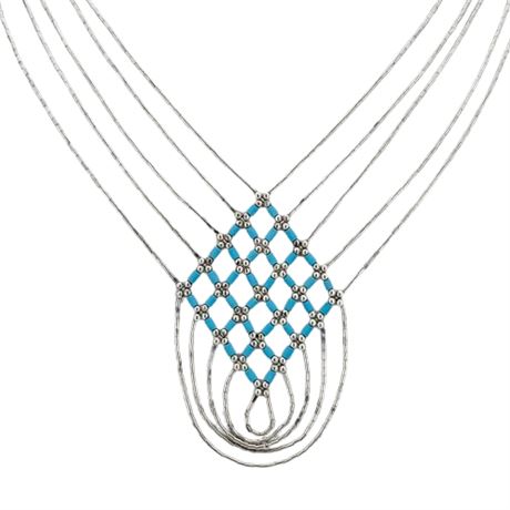Vtg Native American Style Liquid Silver & Turquoise Multi-Strand Necklace
