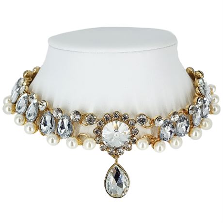 Faux Pearl & Large Rhinestone Statement Choker Necklace