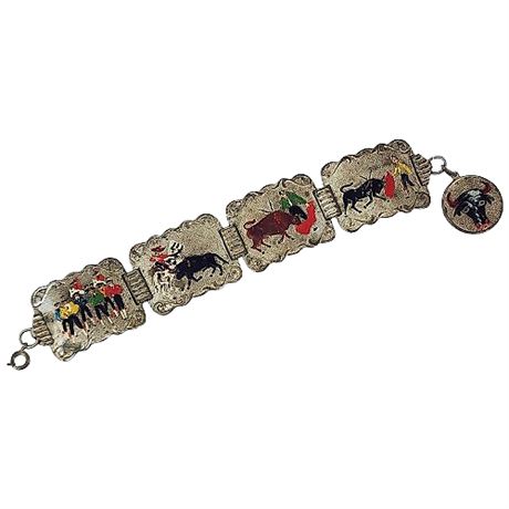 Vintage Hand Painted Enamel Bullfighting Scenes Panel Bracelet