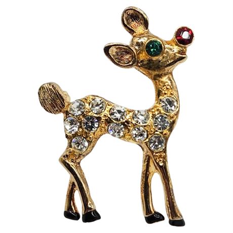 Vintage Rhinestone Rudolph the Red-Nosed Reindeer Brooch
