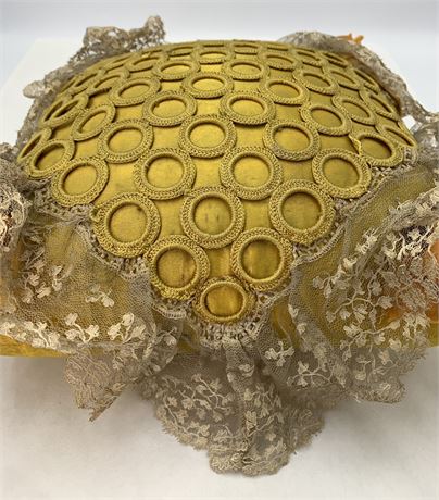 Large 9” x 9” Antique Ladies Gold Silk Chapeaux Hatpin Cushion