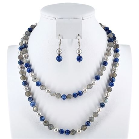 PEARL HILL Hand-Knotted Labradorite, Kyanite, & Pearl Necklace & Earrings Set