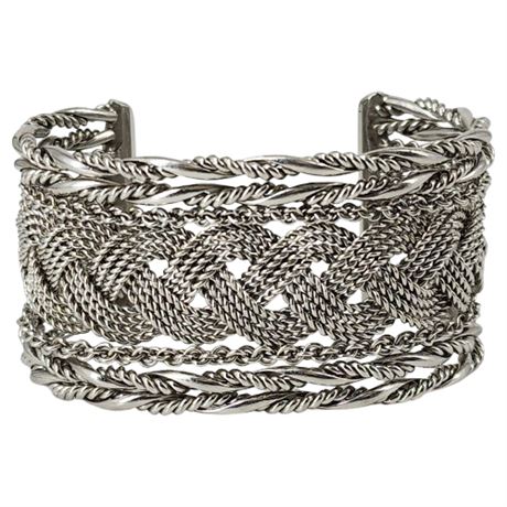 Wide Silver Tone Braided Cuff Bracelet