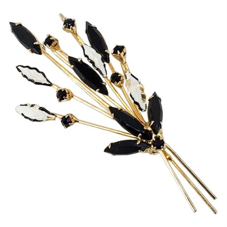 Vintage Black Rhinestone Navette & Enamel Spray Brooch