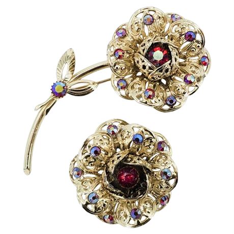 Vintage SARAH COVENTRY "Fashion Flower" Rhinestone Flower Brooch + Extras