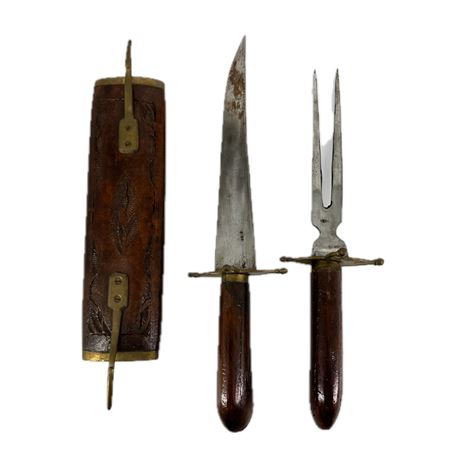 Vintage Indian Knife & Fork Carving Set in Wooden Scabbard