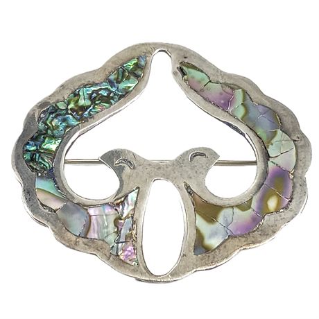 Vintage Abalone Inlay Brooch – Stylized Bird Design, Mexican Eagle Assay Mark