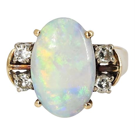 Vintage 14K Gold Opal & Diamond Ring, Sz 6.5