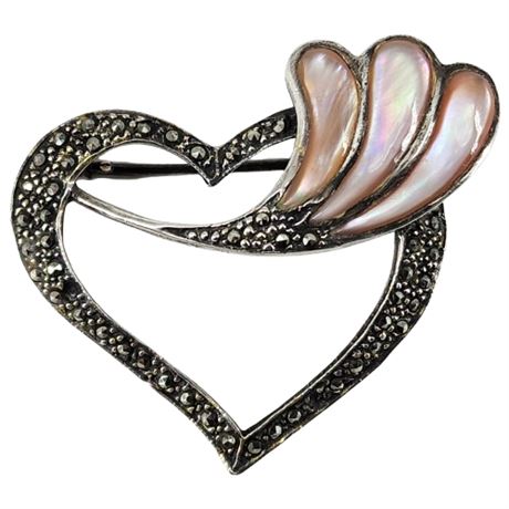 Vintage Marvella Sterling Silver Marcasite Mother of Pearl Heart Brooch