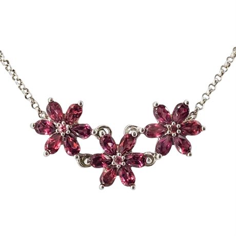Signed HT Sterling Silver Genuine Garnet Flowers Necklace