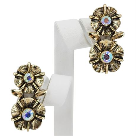 Vintage Aurora Borealis Rhinestone Flower Clip Earrings