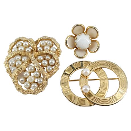 Golden Garden Party Brooch Trio - Vintage Faux Pearls, Double Circle and Flower