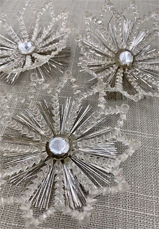 Trio of Vintage Openwork Snowflake, Tinsel & Rhinestone Ornaments