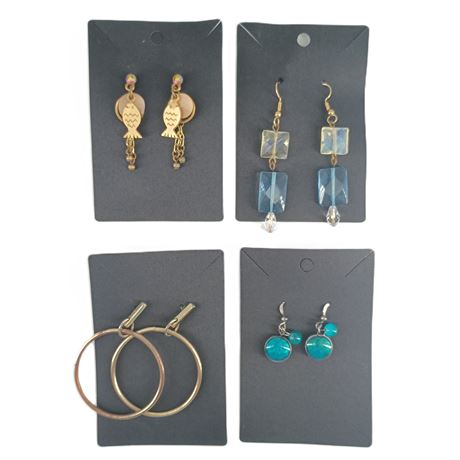 Earrings - Gold-Tone Hoops, Fish Charms, Aqua and Crystal Drops