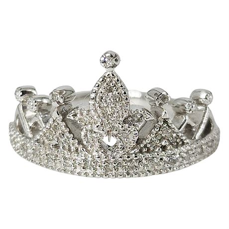Signed Sterling Silver Genuine Diamond Princess Crown Ring, Sz 7