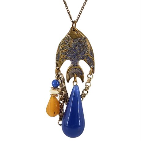 Vintage Brass Fish Pendant Necklace w/ Acrylic Beads